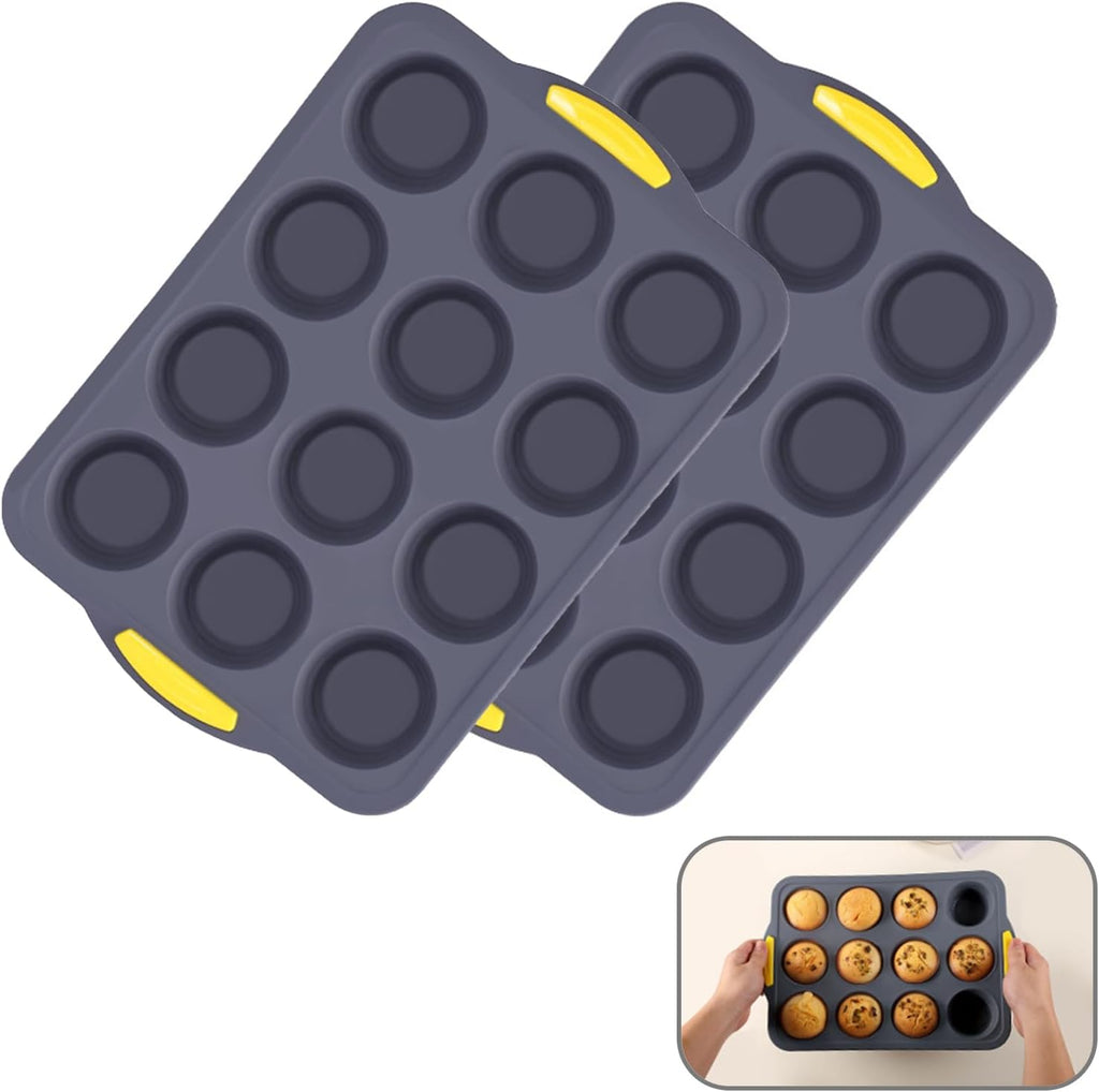Muffin Pan, Cupcake Pan, Set of 2, 12-Cup Muffin Tin, Non-Stick Bakeware, Easy to Release and Clean, Baking Molds, Muffin Tray, Molds for Homemade Cupcakes & Muffins (Blue silicone)
