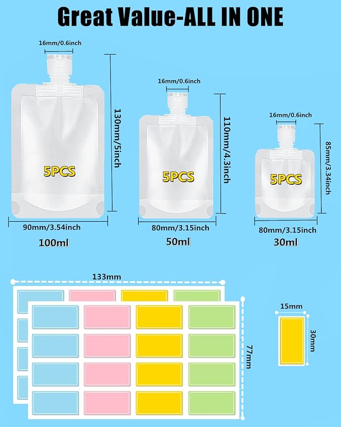 17 Pack Travel Pouches for Toiletries,TSA Approved,Travel Size Portable Containers,Stand Up Pouch,Refillable Travel Accessories for Shampoo Conditioner Lotion Soap Liquids (B-17pcs)