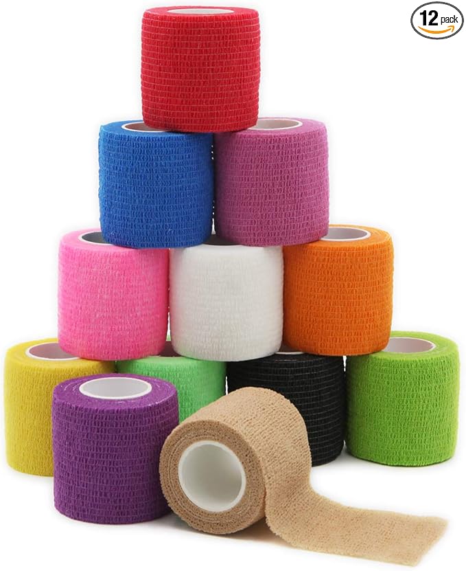 First Aid Self Adherent Cohesive Bandages, First Aid Tape Cohesive Wrap Bandage, Colorful Bandages(2 inches x 5 Yards,12 Packs,Colorful)