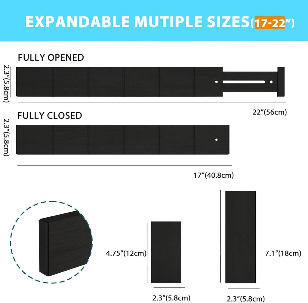 6 Pack Bamboo Drawer Dividers with 12 Inserts, Expandable Adjustable Clothes Drawer Organizers and Storage from 17" to 22" for Kitchen, Bedroom, Dresser, Cosmetics (Black)