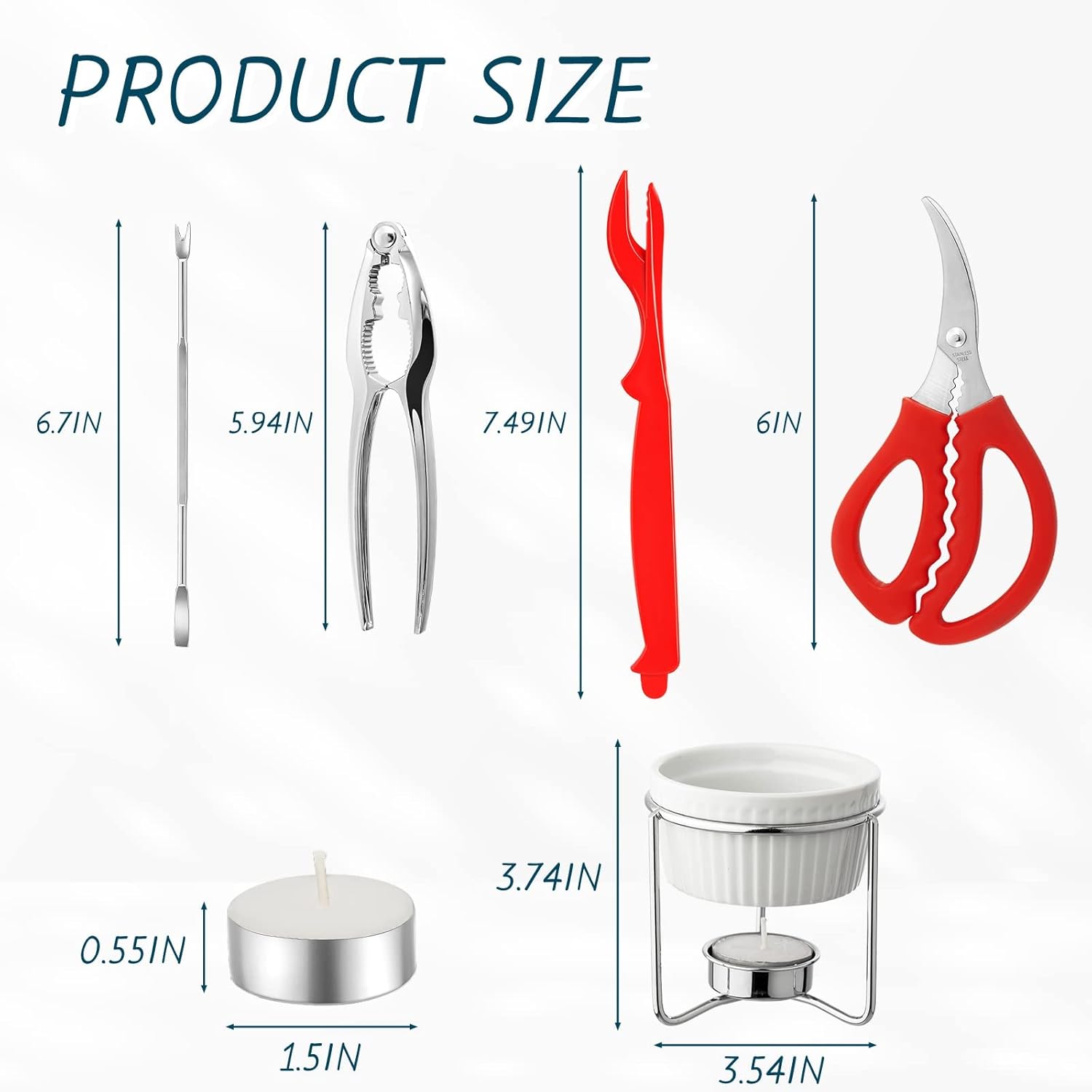 62 Pcs Crab Lobster Crackers and Picks Seafood Tools Set Includes 8 Butter Warmers, 8 Crab Leg Crackers and Forks, 2 Seafood Scissors, 8 Lobster Shellers, 28 Tealight Candles