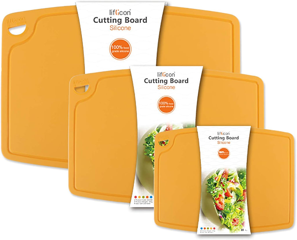 Silicone Thick Cutting Boards Mats Set of 3pcs Foldable & Flexible Design Juice Grooves Easy Grip Handle Dishwasher Safe for Kitchen,BPA free Silicone Cutting Mats-Yellow