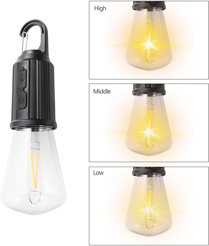 2Pcs Rechargeable Camping Light Bulbs,Portable LED Camping Lanterns,Hanging Tent Lamp with 3 Lighting Modes and Hook for Emergency, Hiking, Fishing, Backpacking,Power Outages
