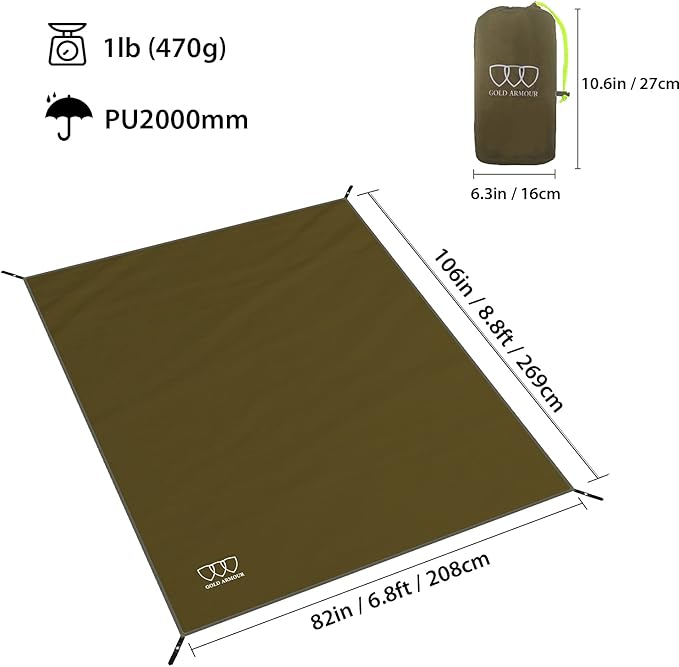 Gold Armour Tent Footprint, Camping Tarp Waterproof Ultralight - 84x60in | 84x84in | 84x96in | 82x106in | 120x108in | 120x120in | 120x144in Floor and Ground Tarps for Camping (OD Green 82x106in)