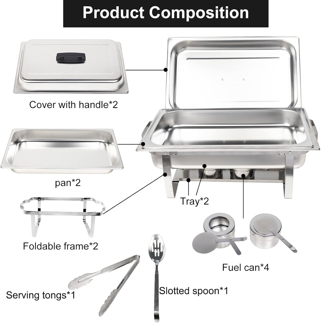 Valgus 8QT Stainless Steel Chafing Dish Buffet Chafer Set with Foldable Frame Water Trays Food Pan Fuel Holder and Lid Food Warmers for Parties, Banquet, Buffets, Wedding, Dining 2 Pack