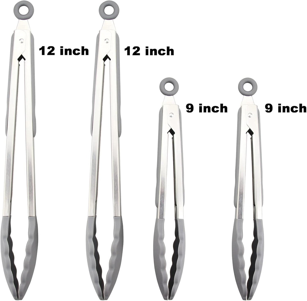 4 Pack Aqua Sky Kitchen Tongs, Premium Silicone BPA Free Non-Stick Stainless Steel BBQ Cooking Grilling Locking Food Tongs, 9-Inch & 12-Inch