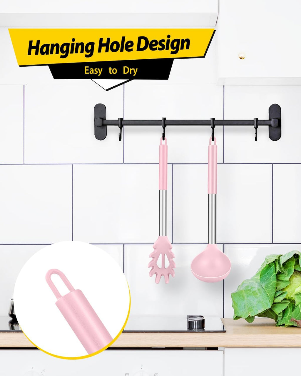 Silicone Pasta Fork and Ladle Spoon Set, Large Non Stick Kitchen Utensils for Cooking,Stirring,Serving Spaghetti, Soup, Sauce (PINK)