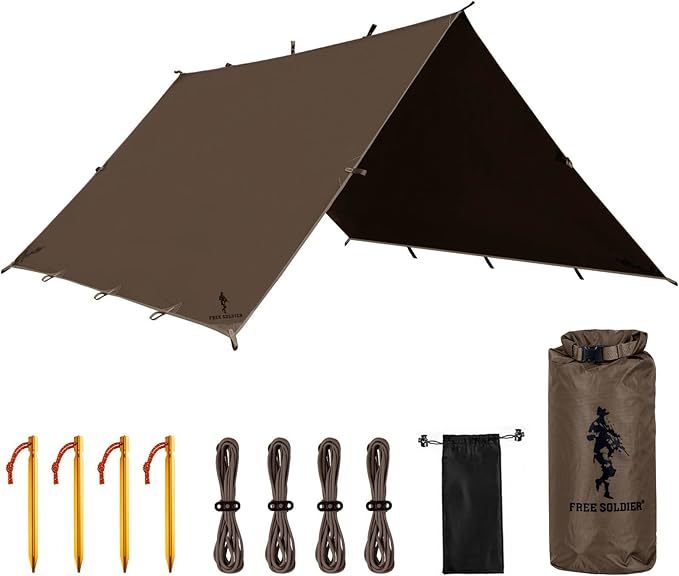 FREE SOLDIER Camping Tarp Waterproof Portable Multifunctional Outdoor Traveling Awning Backpacking Shelter Rain Tarp (Taupe 10×10.5ft)