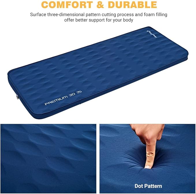 KingCamp Premium 3D Self-Inflating Camping Sleeping Pad Mattress Comfortable 3 “Thick Portable Lightweight Double Single R-Value 6.1 Warm for Winter Camping Indoor Outdoors Single-Navy