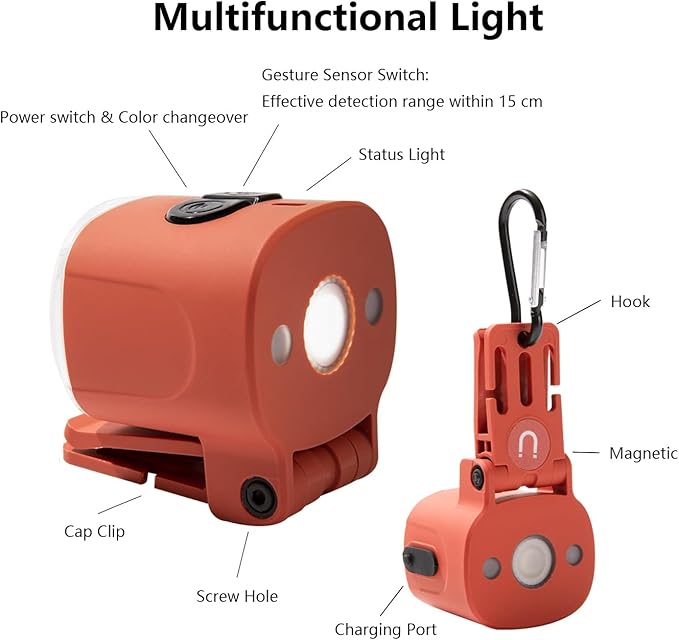 2-Pack Mini Hands Free Rechargeable Hat Light Camping Lanterns Magnetic IPX4 Waterproof Clip on Ultra Light for Emergency, Outdoor, Camping, Fishing, Biking, Night Running (Red)