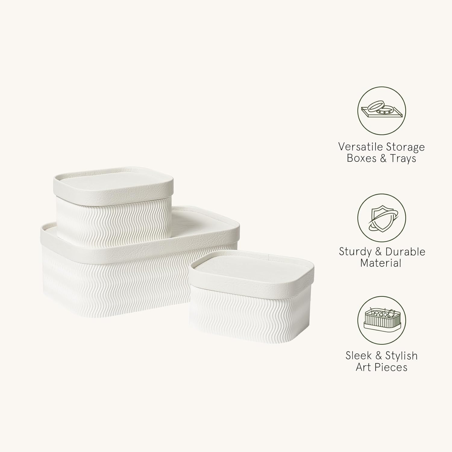 LA JOLIE MUSE Fluted Cardboard Storage Baskets with Leather-Like Lids, Paper Boxes Decorative Tray, Modern Basket Organizer Bins for Organizing,Eggshell White