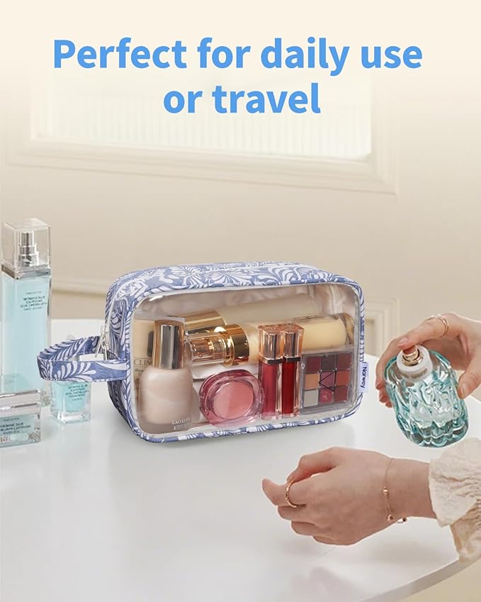 Narwey Clear Makeup Bag Cosmetic Bag with Zipper for Travel, Clear Toiletry Bags for Traveling Toiletries Women Men, Make Up Pouch with Handle, Skincare Bag (Blue Leaf)