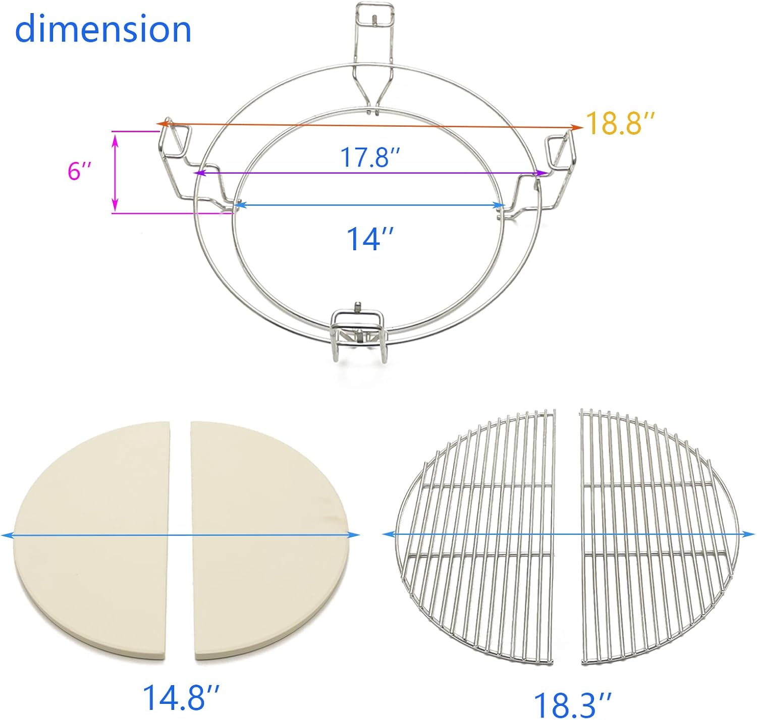 Multi-Level Cooking Grates with Ceramic Heat Deflectors, System Kit for Large Big Green Egg, BGE Kamado Joe Classic, Char-Griller Akorn 18" Charcoal Grill