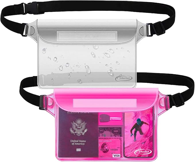 AiRunTech Waterproof Pouch with Waist Strap (2 Pack) | Beach Accessories Best Way to Keep Your Phone and Valuables Safe and Dry | Perfect for Boating Swimming Snorkeling Kayaking Beach Pool Water Park