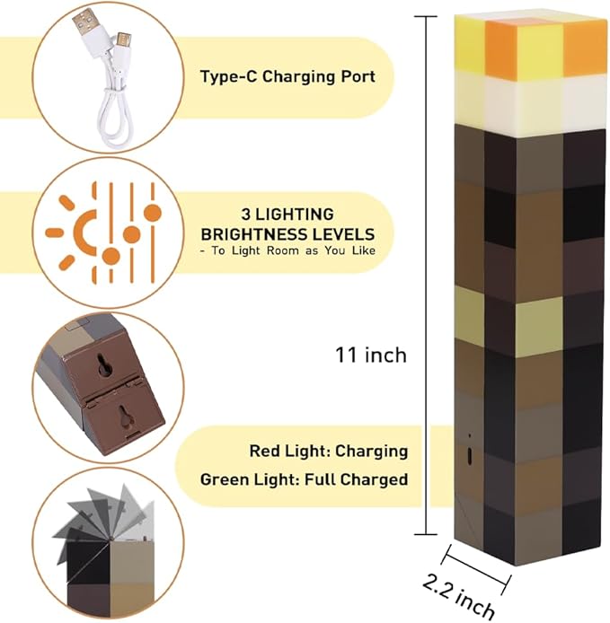 Light-up Wall Torch with 3 Lighting Levels - USB Rechargeable Night Lamp - Torch Light with Wall Mount & Hand Held, LED Lighting Torch for Kid's Bedroom Gaming Decoration