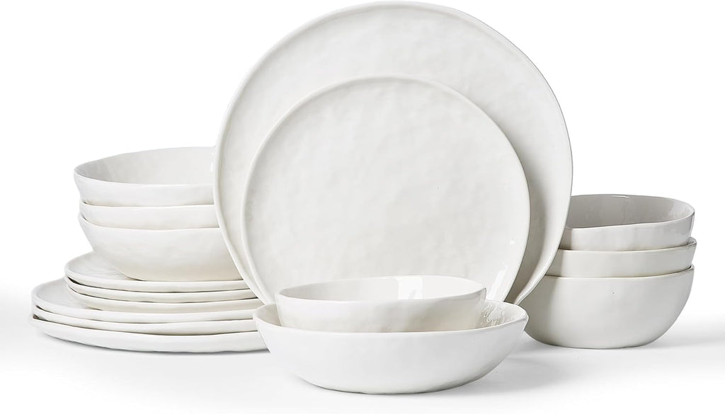 Famiware Porcelain kitchen plates and bowls set, Modern dishes set for 4, Handmade Wave Edge Dinnerware Sets, Microwave and Dishwasher Safe Tableware, Polar White (16pc)