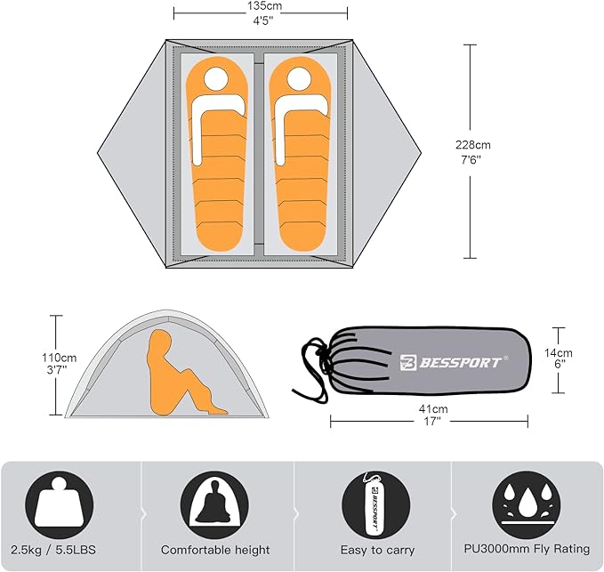 Bessport Camping Tent for 2-3 Person, Lightweight Backpacking Tent Waterproof Windproof Two Doors Easy Setup Double Layer Outdoor Tents for 3 to 4 Seasons, Suitable for Outdoor,Hiking,Camping