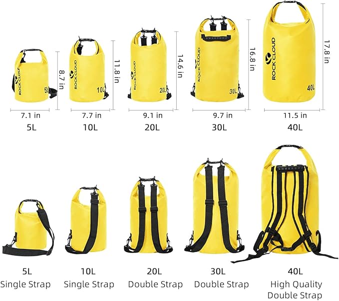 ROCK CLOUD Dry Bag Waterproof 5L Dry Sack for Kayaking Rafting Boating Beach Surfing Swimming Canoe Camping Hiking Fishing Ski, Yellow