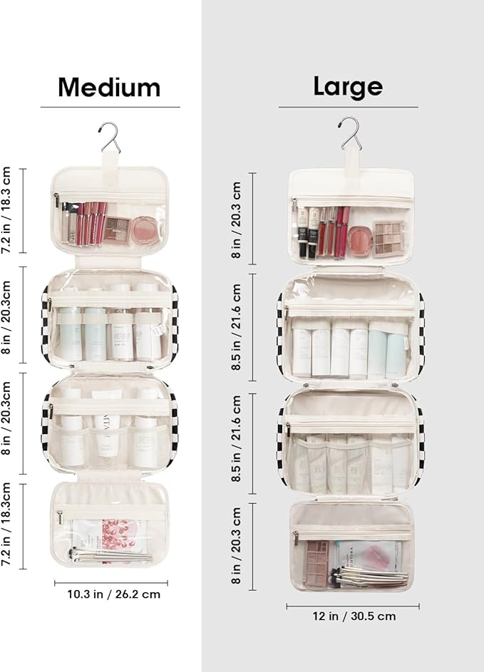 Narwey Hanging Toiletry Bag for Women Travel Makeup Bag Organizer Toiletries Bag for Travel Size Essentials Accessories Cosmetics (Black Checkerboard (Medium))