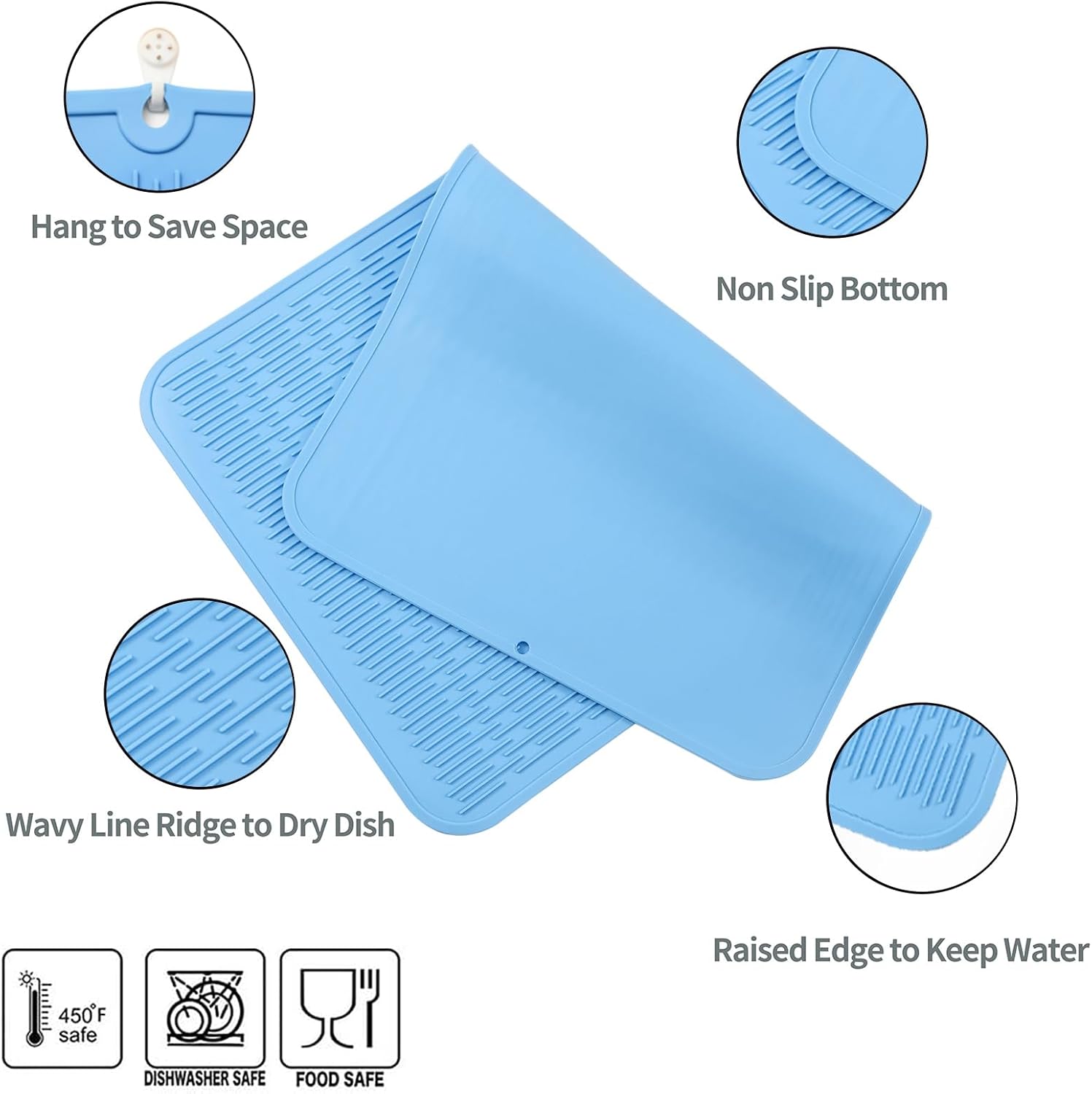 Silicone Dish Drying Mat for Multiple Usage,Easy clean,Eco-friendly,Heat-resistant Silicone Mat for Kitchen Counter or Sink,Refrigerator or Drawer Liner Light Blue 3XL 28 inches x 18 inches