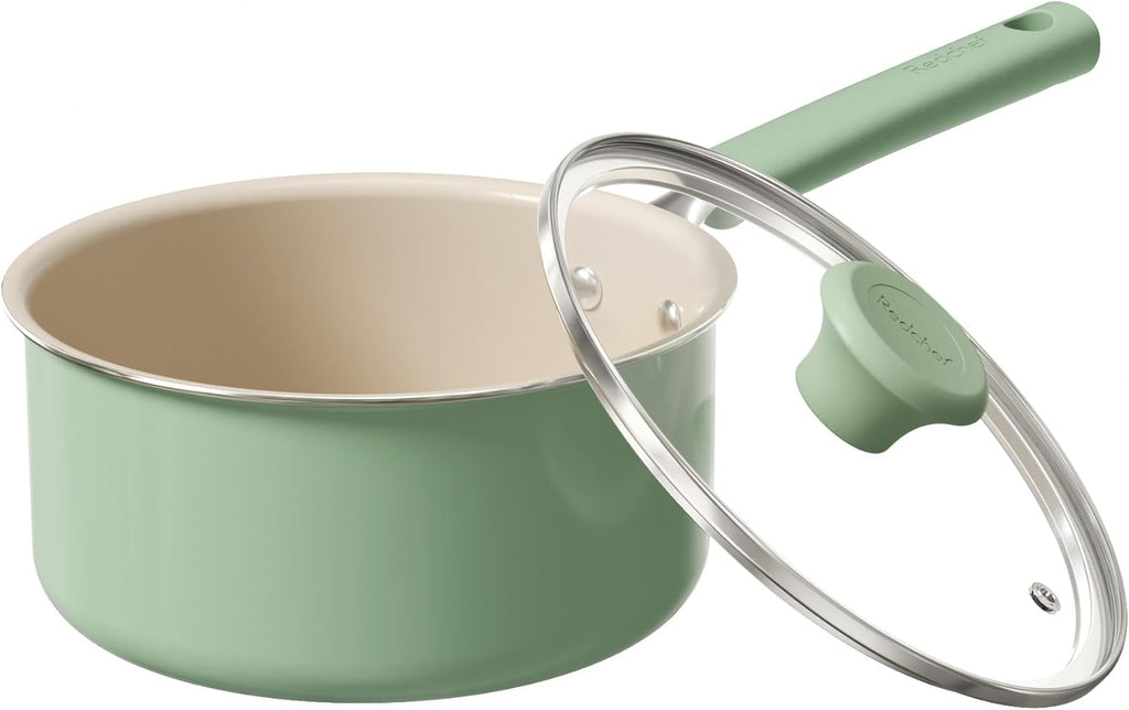 Redchef Ceramic Nonstick Saucepan with Lid, 2.5QT Small Cooking Pot, Non Toxic Sauce Pans for Kitchen, Cool Handle PFAS Free Compatible with All Cooktops, Green