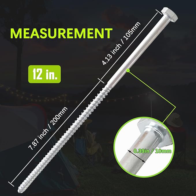 6pcs 3/8 x 8 and 6pcs 3/8 x 12 Heavy Duty Camping Ground Anchors, Non-Rust Tent Stakes Screw in Kit for Securing Animals, Trampoline, Carports, Canopies, Sheds, Swing Sets for High Winds