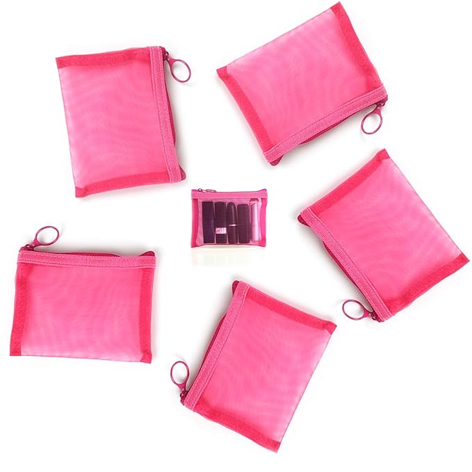 patu Mini Zipper Mesh Bags, 4" x 5", Size S / A7, 5 Pieces, Beauty Makeup Lipstick Cosmetic Accessories Organizer, Small Travel Kit Storage Pouch, Pink