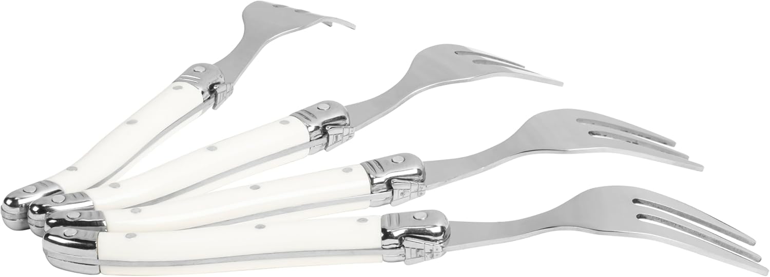 French Home Laguiole 4-Piece Cake Forks Set – Sophisticated Stainless Steel Forks with Ivory-Colored Handles – Laguiole Flatware Set for Cake, Fruit, or Appetizers (6.75")