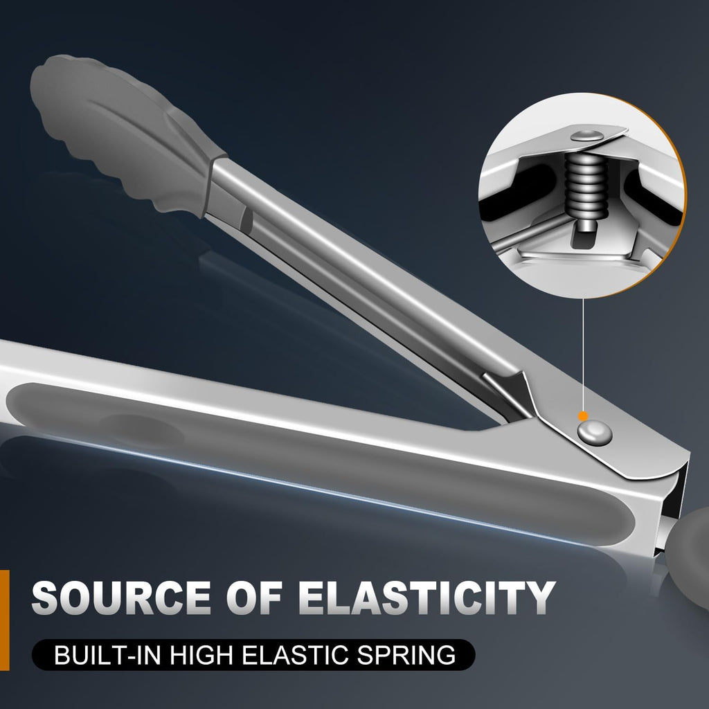 Kitchen Tongs with Silicone Tips - Heat Resistant 600 Degrees Stainless Steel Locking Cooking Tongs with Rubber Tips, Non-Stick Food Tongs for Cooking, Heavy Duty, Set of 3-7" 9" and 12" Grey