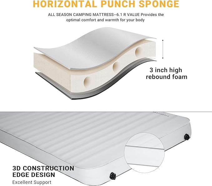 KingCamp Double Sleeping Pad, 2 Person Queen R 7.9 Self Inflating Sleeping Pad, 3" Ultra Thick Full Size Foam Mattress Mat with Pump Sack for Camping Outdoor Tent Car, PVC Free (Lightgrey/Charcoal)