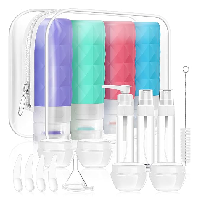 20 Pack Travel Bottles Set,Leak Proof TSA Approved Travel Size Containers, Silicone Squeezable Travel Essentials Jar Accessories for Conditioner, Shampoo, Lotion & Body Wash Accessories (Warm Color)