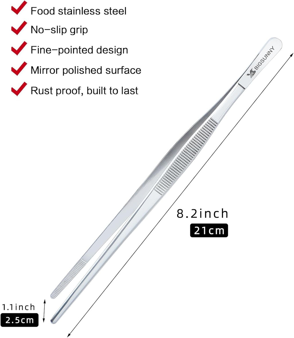 2 Pcs 8.5 Inch Kitchen Tweezers Fine Tweezer Tongs, MSY BIGSUNNY Stainless Steel Food Tweezers Multi-function Cooking Tongs Kitchen Serving Tong