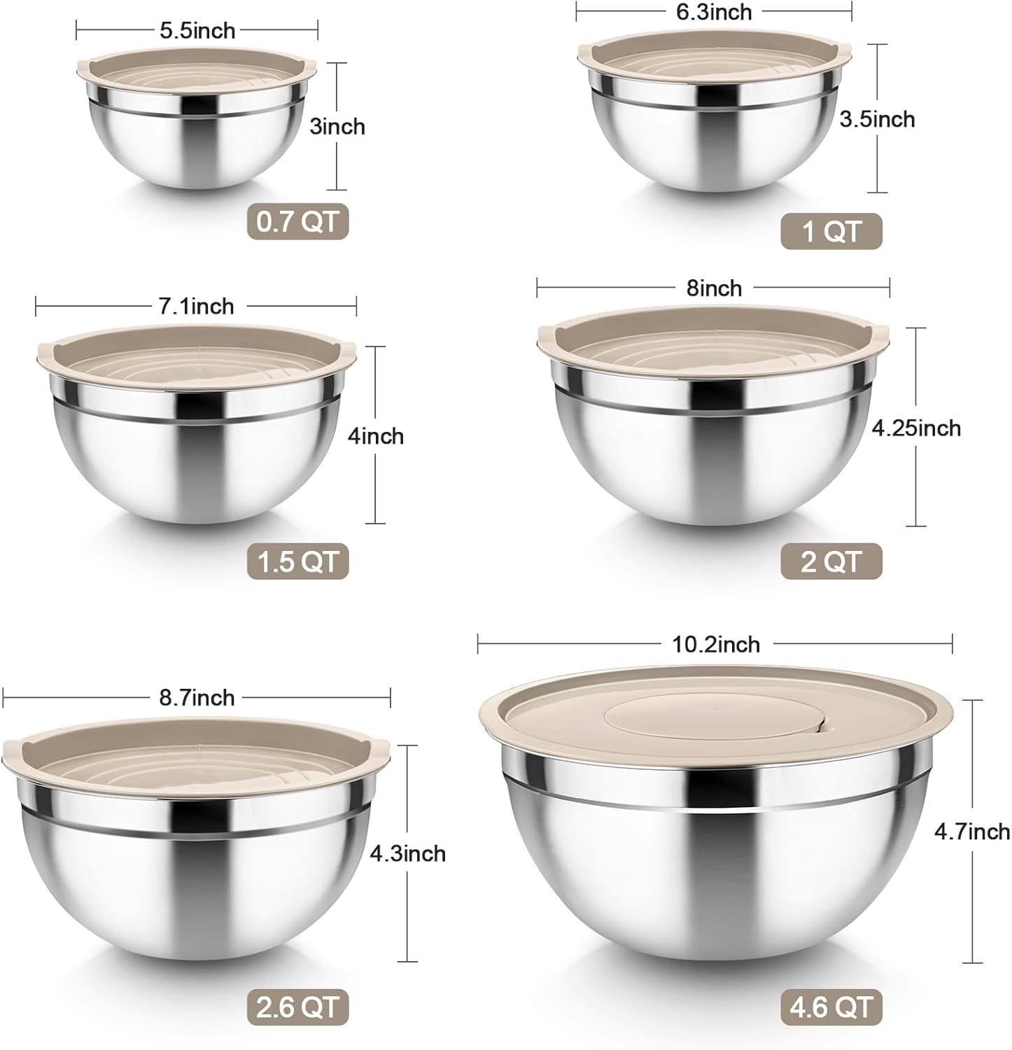 TeamFar Mixing Bowls, 6PCS Stainless Steel Nesting Mixing Salad Bowl with Lids & 3 Grater Attachments, for Food Cooking Baking Storing, Healthy, Khaki - 4.6/2.6/2 / 1.5/1 / 0.7 QT