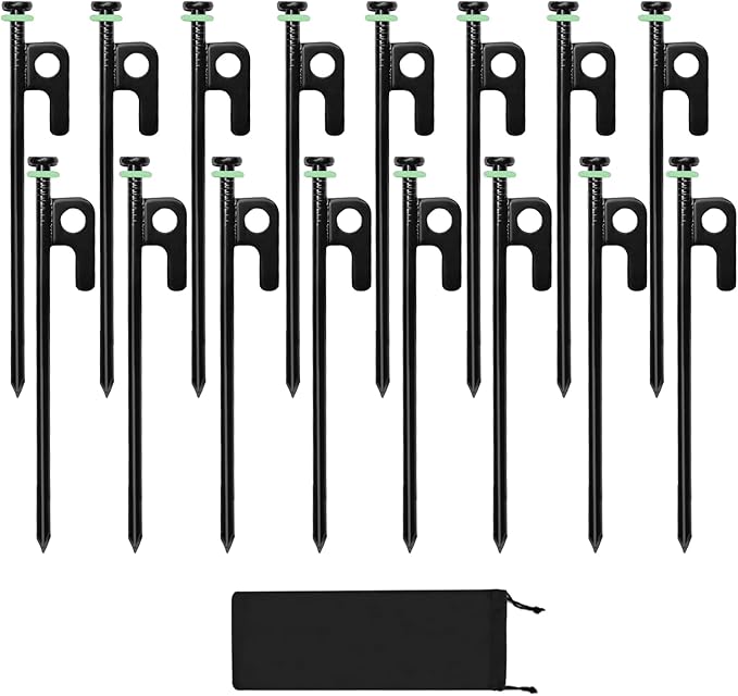 16Pcs Tent Stakes, 8in Heavy Duty Tent Stakes with Storage Pouch, Forged Steel Tent Sakes Metal, Metal Stakes for Tent Used on Grassland, Snowfield, Dessert(16Pcs, 8in, Diameter 1/4")