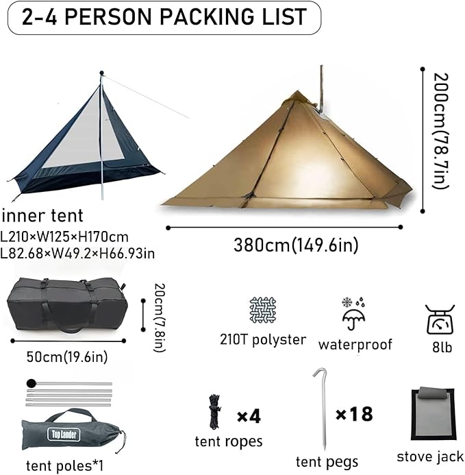 Camping Hot Tent with Wood Stove Jack Winter Teepee Tent 4 Season Backpacking Tent for Survival Hunting Military Fishing