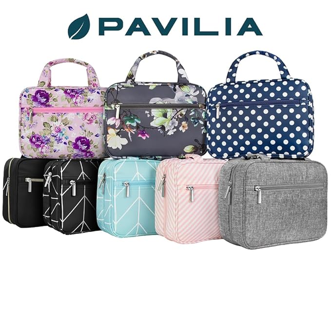 PAVILIA Hanging Toiletry Bag Travel Bag Women Men, Foldable Cosmetic Organizer, Roll up Makeup Bag, Water Resistant Accessories Toiletries, Large Travel Essentials Kit (Purple Floral)