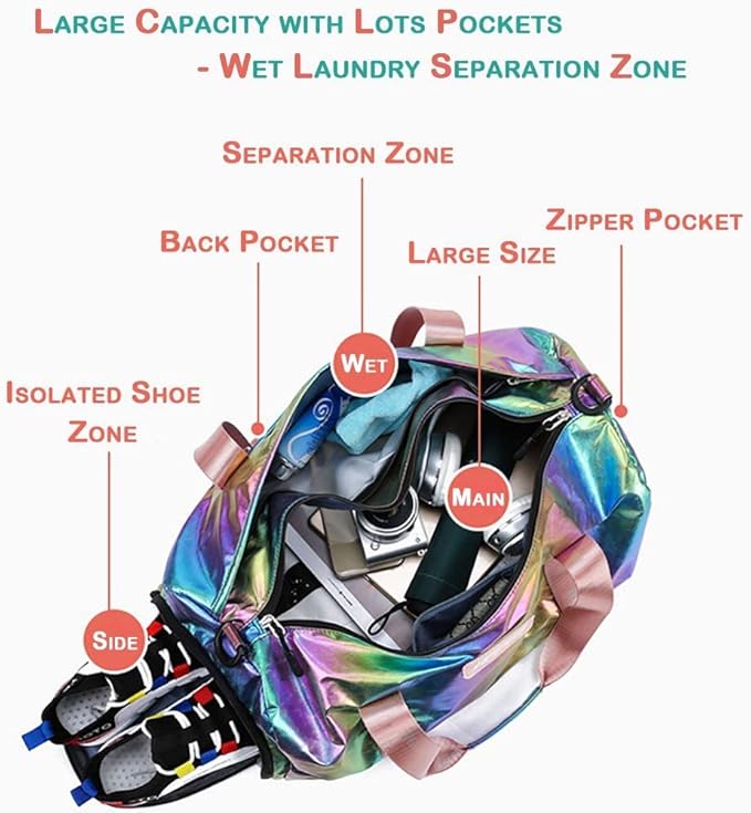 Gym Duffel Bag Women Overnight Medium Lightweight Foldable Weekender Travel Luggage Sport Athletic Water-Proof Dry Wet Shoe Compartment for Girls Kids, Rainbow, onesize