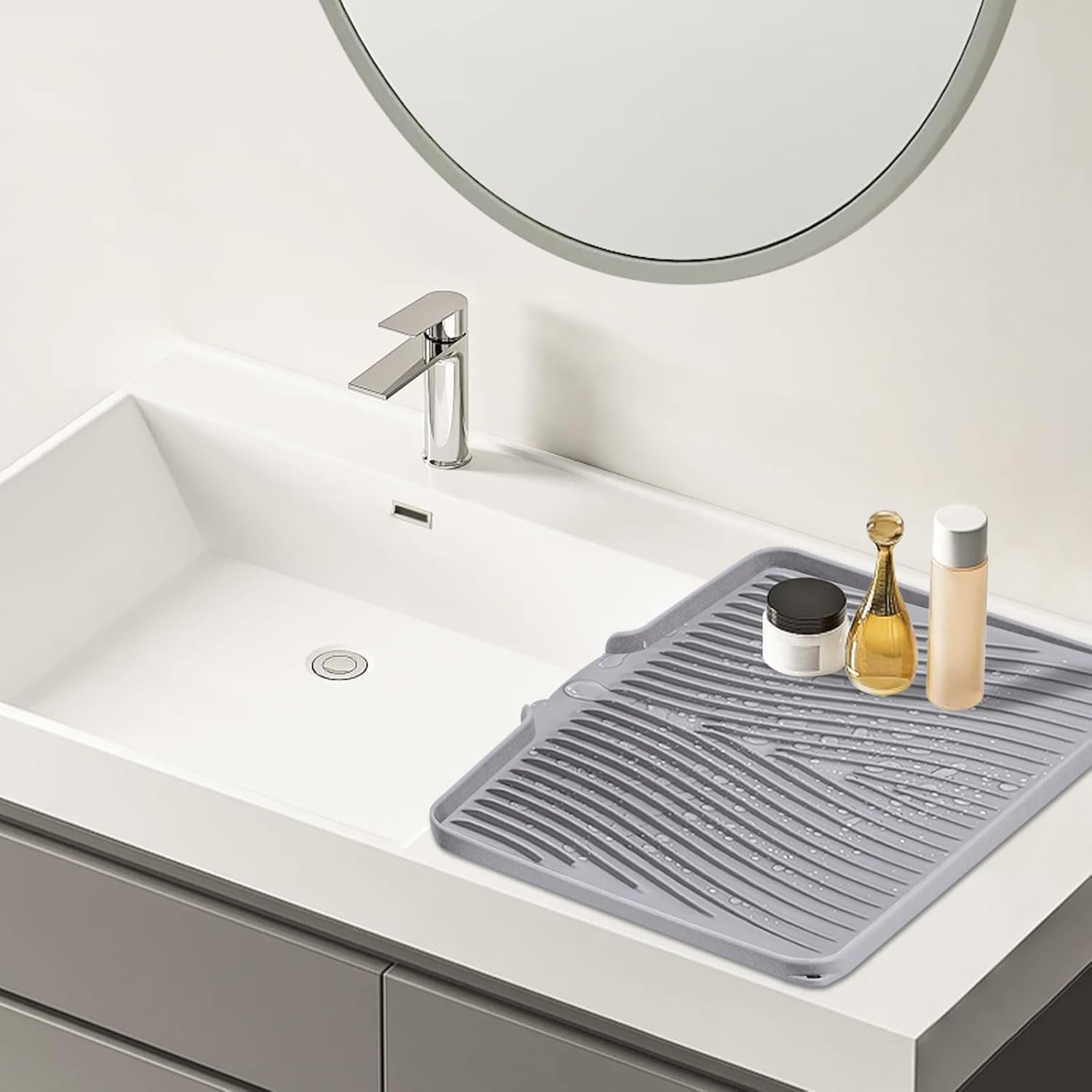 Silicone Dish Drying Mat, Stone Drying Mat for Kitchen Counter with Built-In Drain, Non-Slip Drain Pad with Built-in Drain, Heat Resistant Stone Drying Mat, 1Pcs 19.7" x 17", Grey