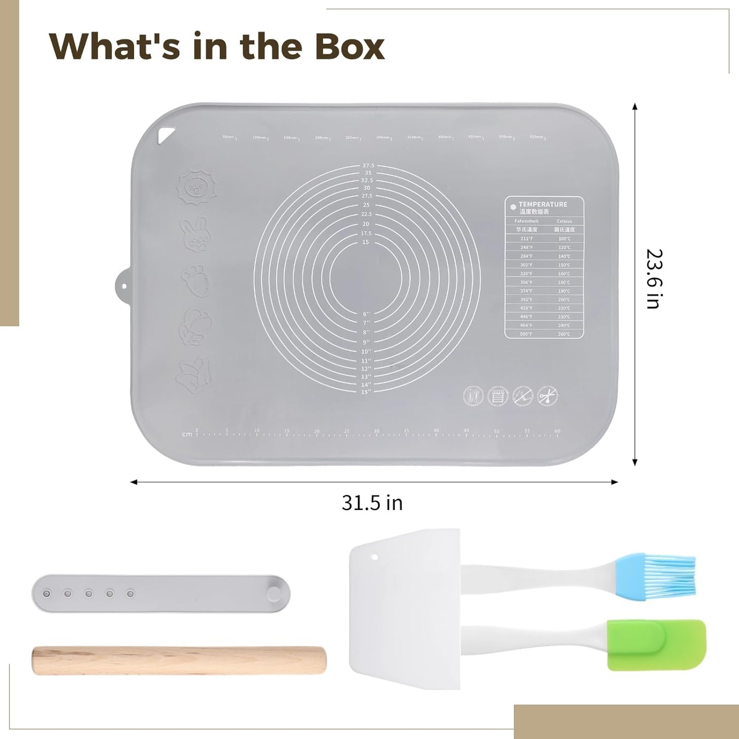 Large Silicone Baking Mat, 31.5×23.6" Non-stick Dough Rolling Mat with Measurements, Extra Thick Kneading Mat with Raised Edges, Heat-resistant Countertop Pastry Mat with Accessories