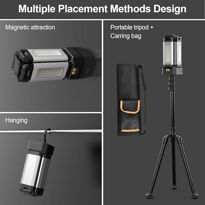 13200mAh Rechargeable Aluminum Work Light with Folding Stand Support and Portable Carrying Bag, 8000 Lumen Stepless Dimmable, 3 Lighting Modes, White/Warm/Nature White (Standard)