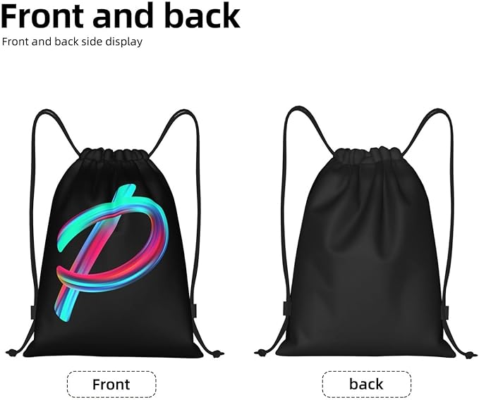 Drawstring Bags Initial Drawstring Backpack Sackpack Black Draw String Cinch Bags for Sports, Gym, Travel, Swimming, Beach, Camping, Rainbow Letter P