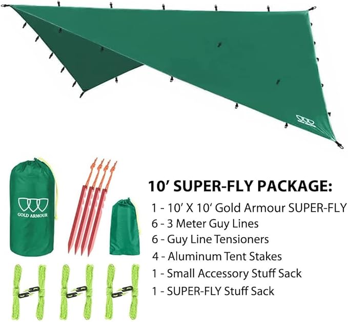 Gold Armour Rainfly Tarp Hammock, Premium 14.7ft/12ft/10ft/8ft Rain Fly Cover, Waterproof Ultralight Camping Shelter Canopy, Survival Equipment Gear Camping Tent Accessories (Green 10ft x 10ft)