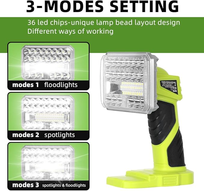 Working Light for RYOBI 18V Lithium-ion Battery, 2000LM 18W Flashlight with 3 Brightnesses, Aluminum Alloy Cordless LED Work Light for Camping, Emergency, Indoor, Outdoor...