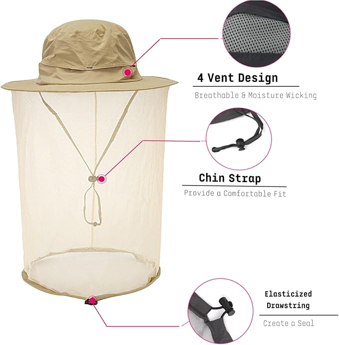 Flammi Mosquito Net Hat Safari Hat UPF 50+ Sun Protection Boonie Hats for Men with Neck Flap Fishing Hiking Hat for Men/Women