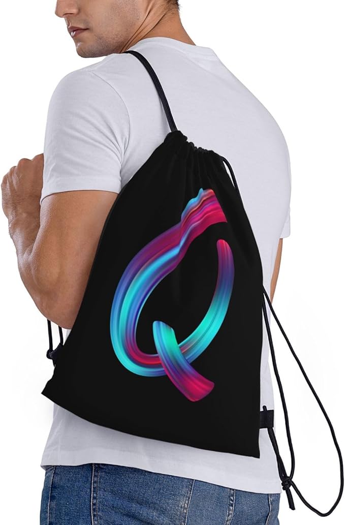 Drawstring Bags Initial Drawstring Backpack Sackpack Black Draw String Cinch Bags for Sports, Gym, Travel, Swimming, Beach, Camping, Rainbow Letter Q