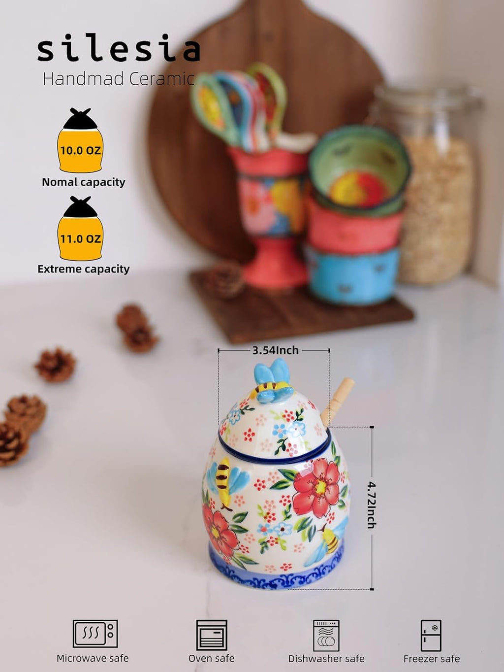silesia Handmade Honey Jar with Lid, 10 Ounce Ceramic Hand-Painted Honey Containers with Wooden Dipper, Honey Pot Set for Home and Kitchen in Gift Box, Dishwasher Safe, Flowers Red