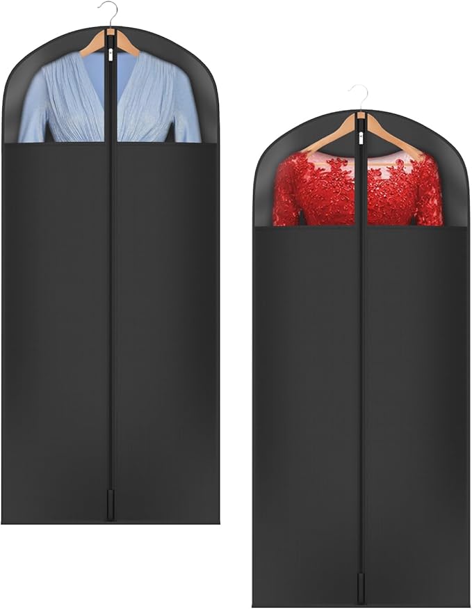 Univivi Long Garment Bags for Hanging Clothes, 54" Dress Bags for Gowns Long for Closet Storage with Large Visible Window for Long Suits, Coats, Dresses, 2 Pack, Black