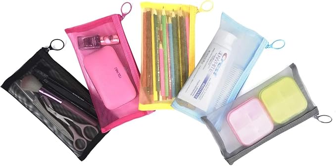 patu Zipper Mesh Bags, Long Case, 5 Pieces, Beauty Makeup Cosmetic Accessories Organizer, Travel Toiletry Kit Set Storage Pouch, Assorted Colors