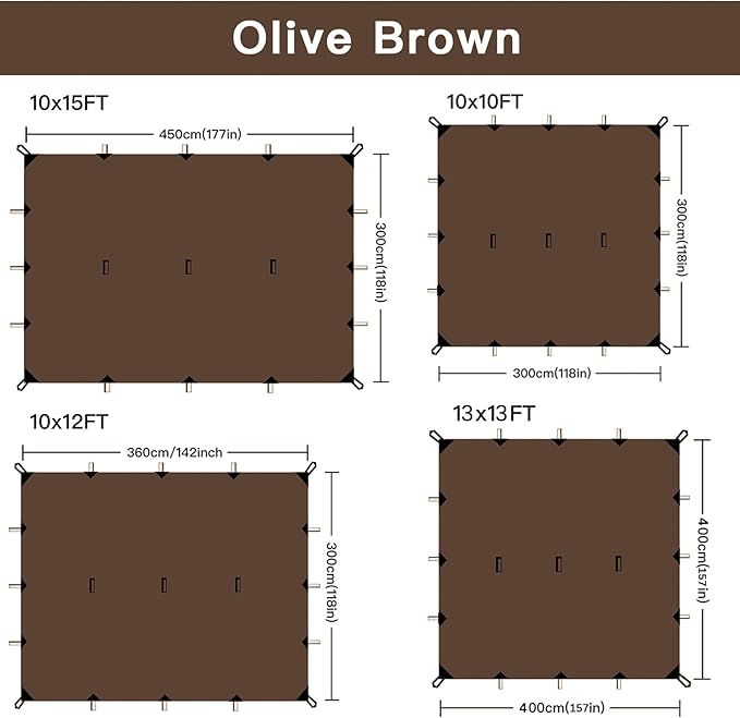 KALINCO Waterproof Camping Tarp Tent Hammock Rain Fly, 13X13FT, Mutifunctional Tent Footprint Lightweight Tarp for Camping, Hiking and Survival Shelter