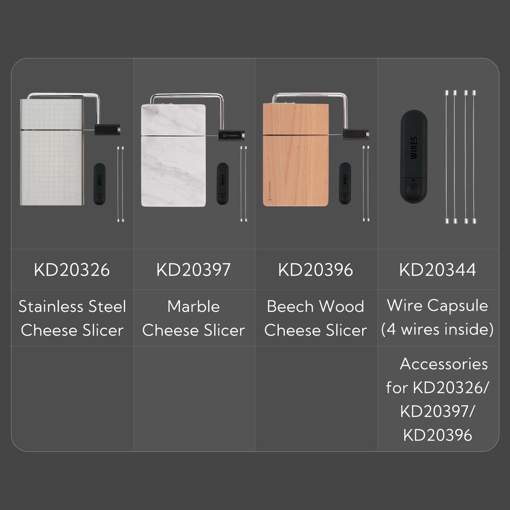 KITCHENDAO Replaceable Wire Cheese Slicer with Board, Tightness Adjustable Cheese Slicer, Beech Wood Cheese Cutter for Block Cheese, Easy to Replace, with 2 Extra Upgrade Strong Wires